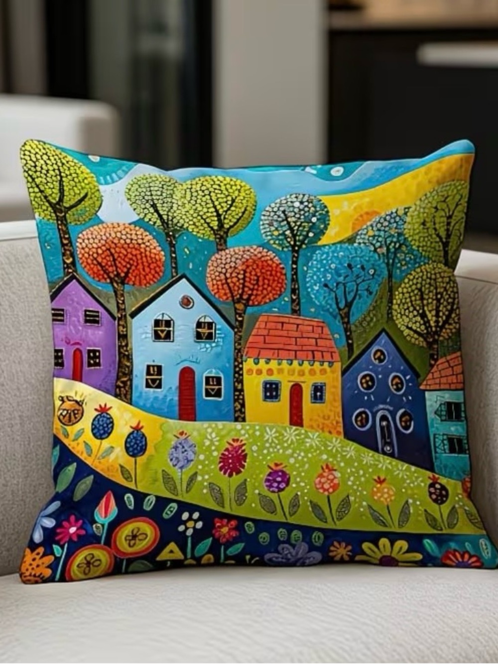 Whimsical Folk Art Colorful Village Throw Pillow Case Double Sided Cover